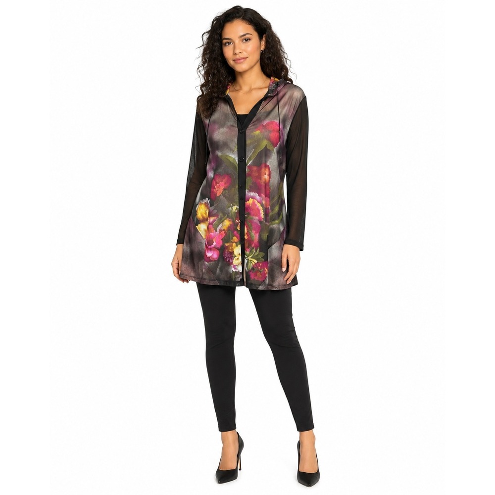 Sheer Floral Mesh Hooded Tunic Top Black Purple Button Front Whimsigoth Fairy